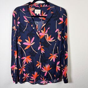 SEZANE Florence Blue Floral Print Button Down V Neck Long Sleeve Blouse Size 40